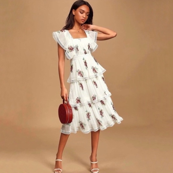 Lulus Dresses & Skirts - Lulus Thriving Romance White Floral Tiered Plisse Pleat Lace Trim Midi Dress XS